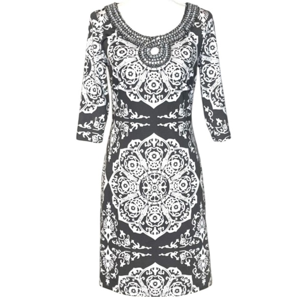 Gray White Print Beaded Keyhole Dress Women’s Medium Fall Party - Picture 1 of 6